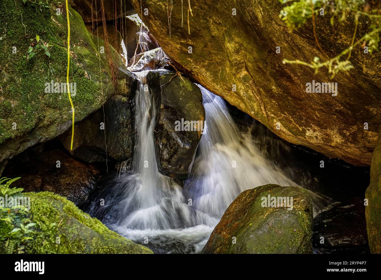 Close-up of a scenic small waterfall plunging through big moss covered rocks into a pool, tropical A Stock Photo