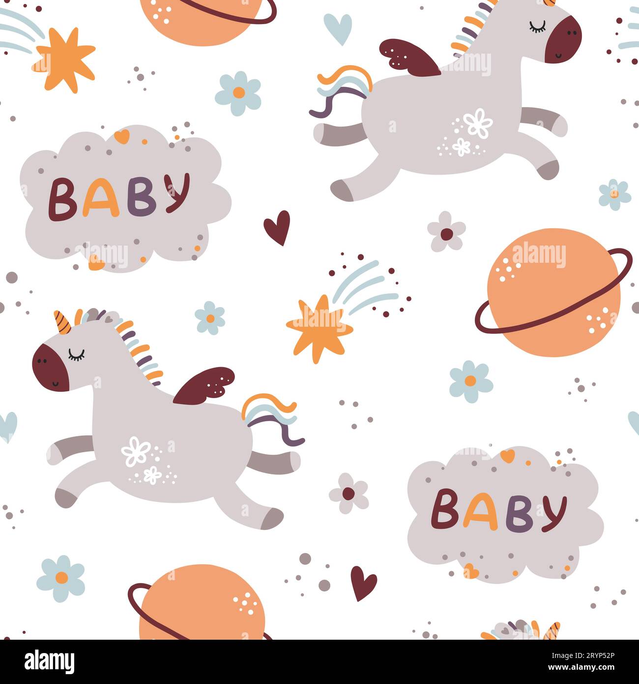 Cute baby seamless pattern with unicorns and planets. Stock Vector