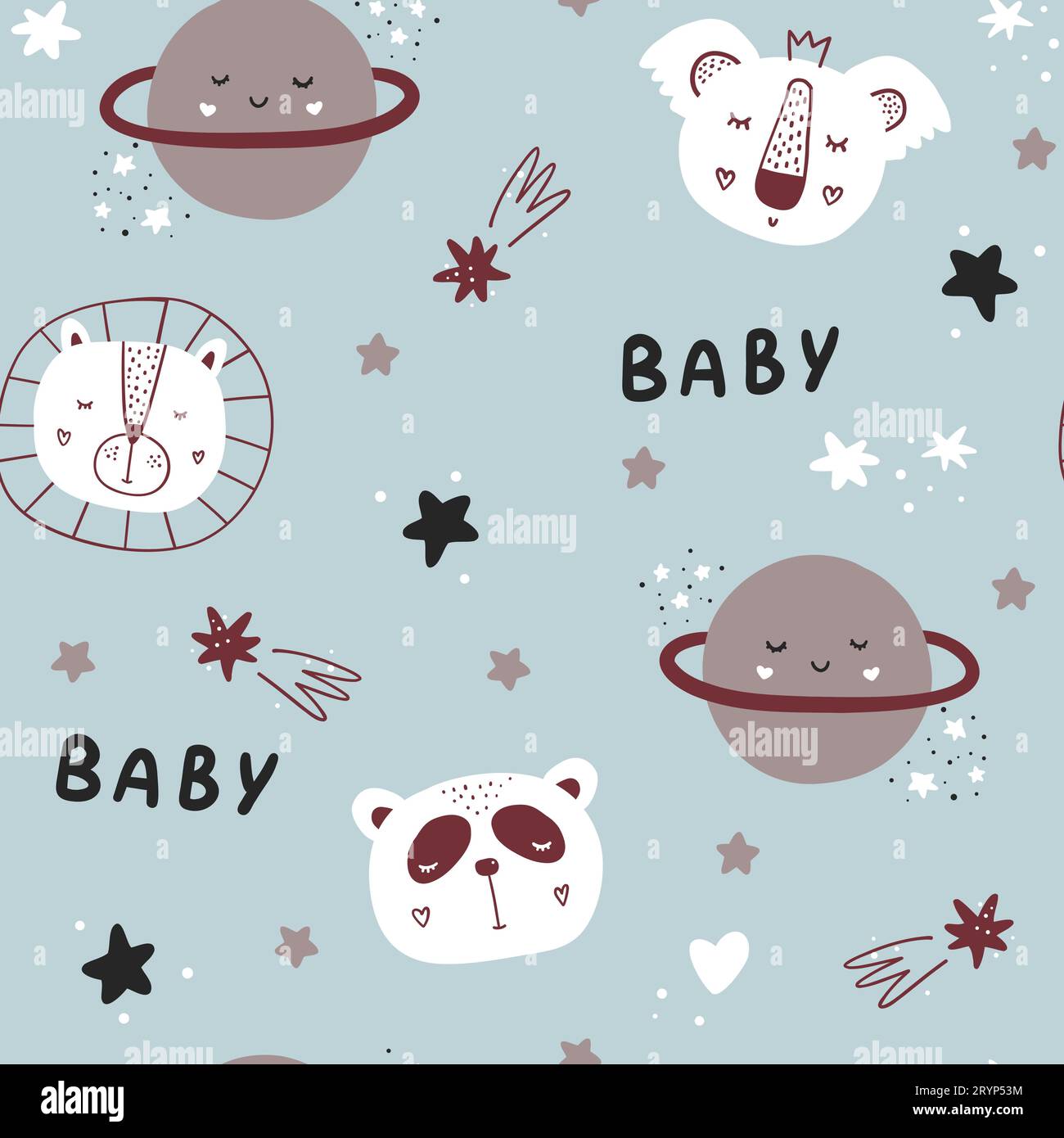 Seamless childish pattern with funny animals faces and planets. Stock Vector