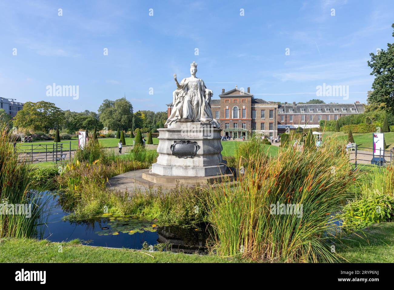 Queen Victoria statue outside Kensington Palace, sculpted by her fourth daughter Princess Louise, London,England,UK,2023 Stock Photo