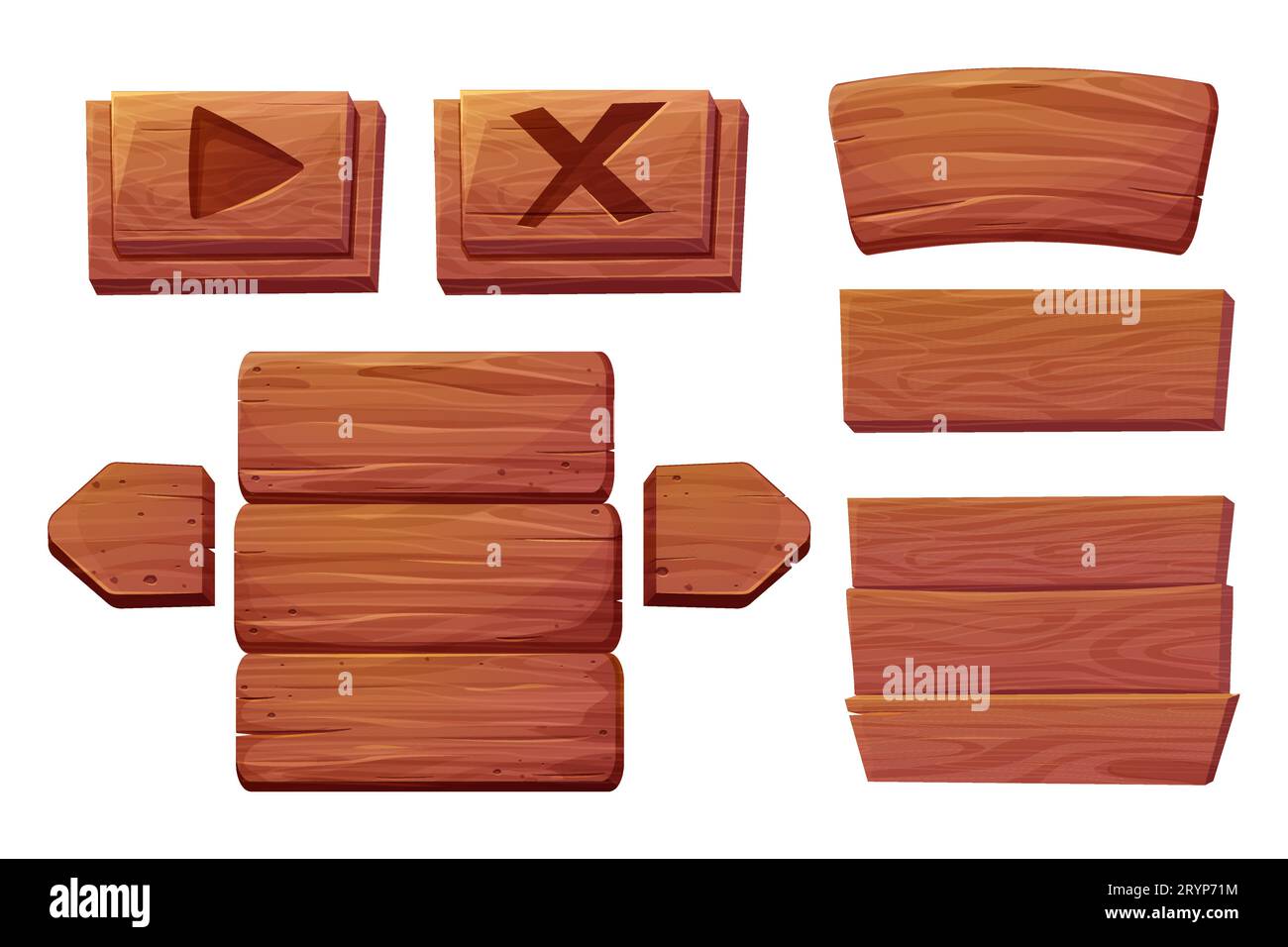 Set of wooden tablets, hanging textured panels rope, signboards with