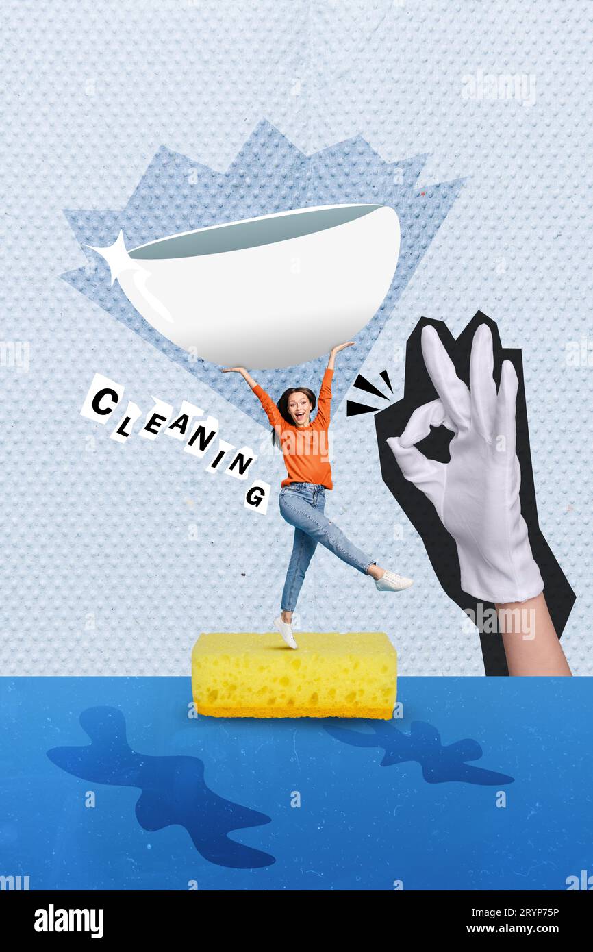 Vertical collage illustration image of funky young girl good mood cleaning dishes housemaid tidy kitchen sponge isolated on blue background Stock Photo