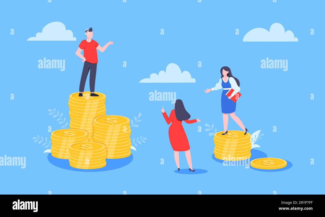 Salary and gender Inequality gap between women and men business concept flat style design vector illustration. Man and woman stand on its level of mon Stock Vector