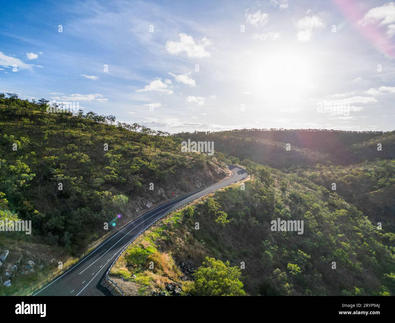 Remote Highway Aerial view of tropical remote road in Far North Queensland with ...
