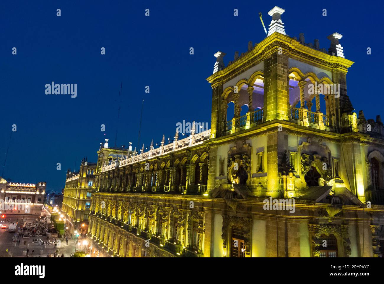 Mexico City, CDMX, Mexico, A landscape with illuminated building of Zocalo. Editorial only. Stock Photo