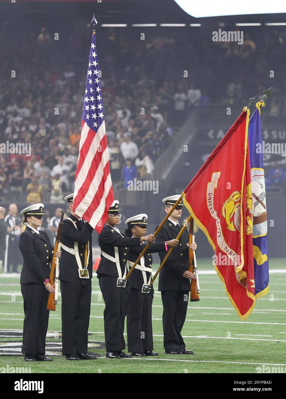 New Orleans, USA. 01st Oct, 2023. Both the U.S. Marine Corps and Navy color guards present their flags for the National Anthem during a National Football League game at Caesars Superdome in New Orleans, Louisiana on Sunday, October 1, 2023. (Photo by Peter G. Forest/Sipa USA) Credit: Sipa USA/Alamy Live News Stock Photo