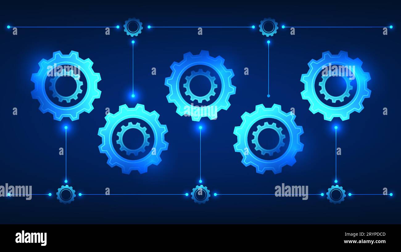 Gear technology illustration set of multiple gears with connected lines. It conveys the drive for technology to develop, to work together to help thin Stock Vector