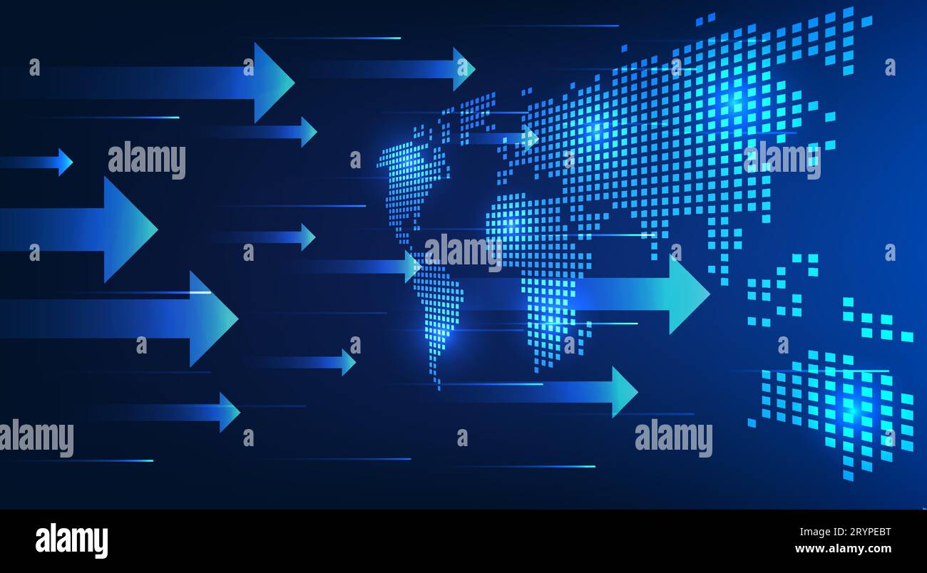 Technology world map with arrows coming towards It conveys the advancement of technology that has access to the world to improve living conditions. co Stock Vector