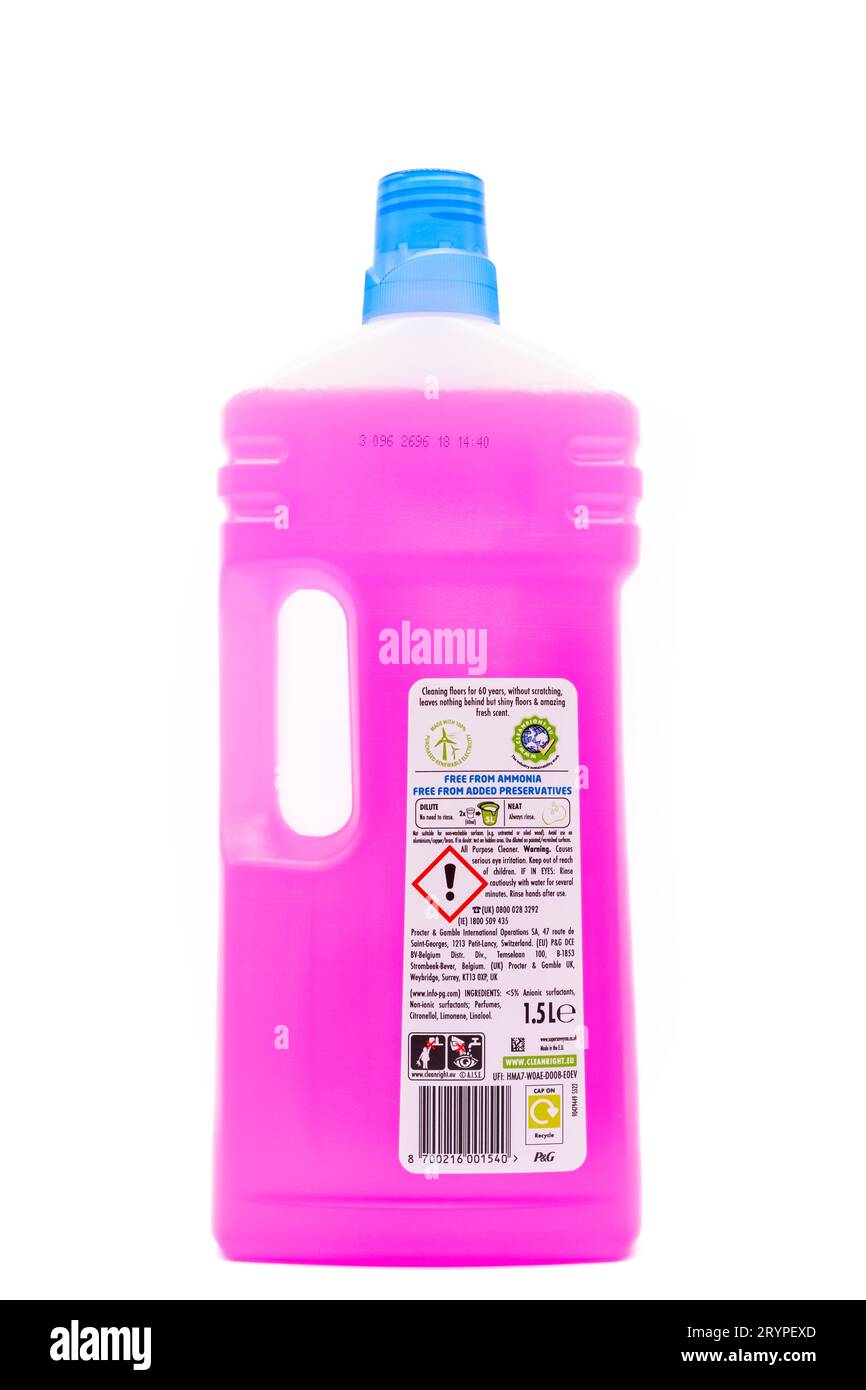 Irvine, Scotland, UK-July 21, 2023: Flash branded multipurpose cleaner in a recyclable plastic bottle and cap displaying graphics icons and symbols re Stock Photo