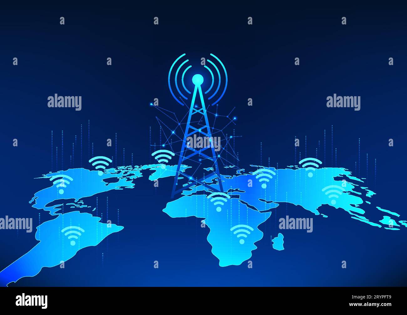 Transmission tower technology on world map with wifi icon Refers to the
