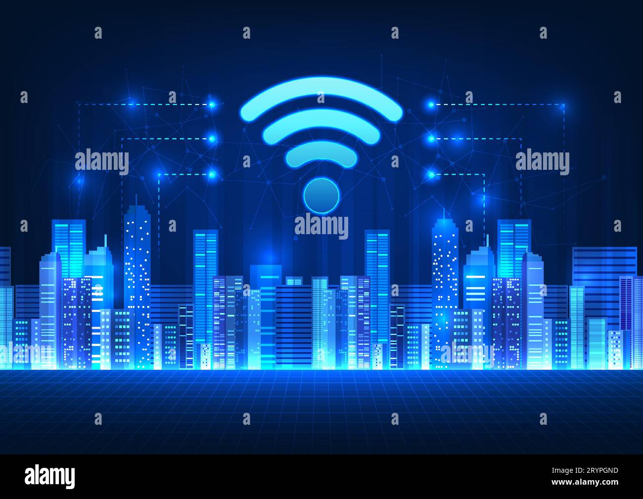 WiFi technology in the smart city with a Wi-Fi icon at the top Refers to the technology of the Internet signal that spreads throughout the city to all Stock Vector