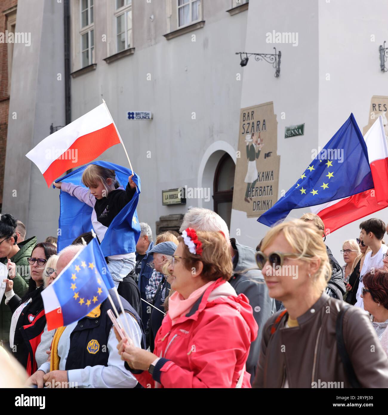 Cracow, Poland - October 1, 2023: Million Hearts March in Krakow. Crowds of Poles march through the streets of Krakow protesting against PiS's rule Stock Photo