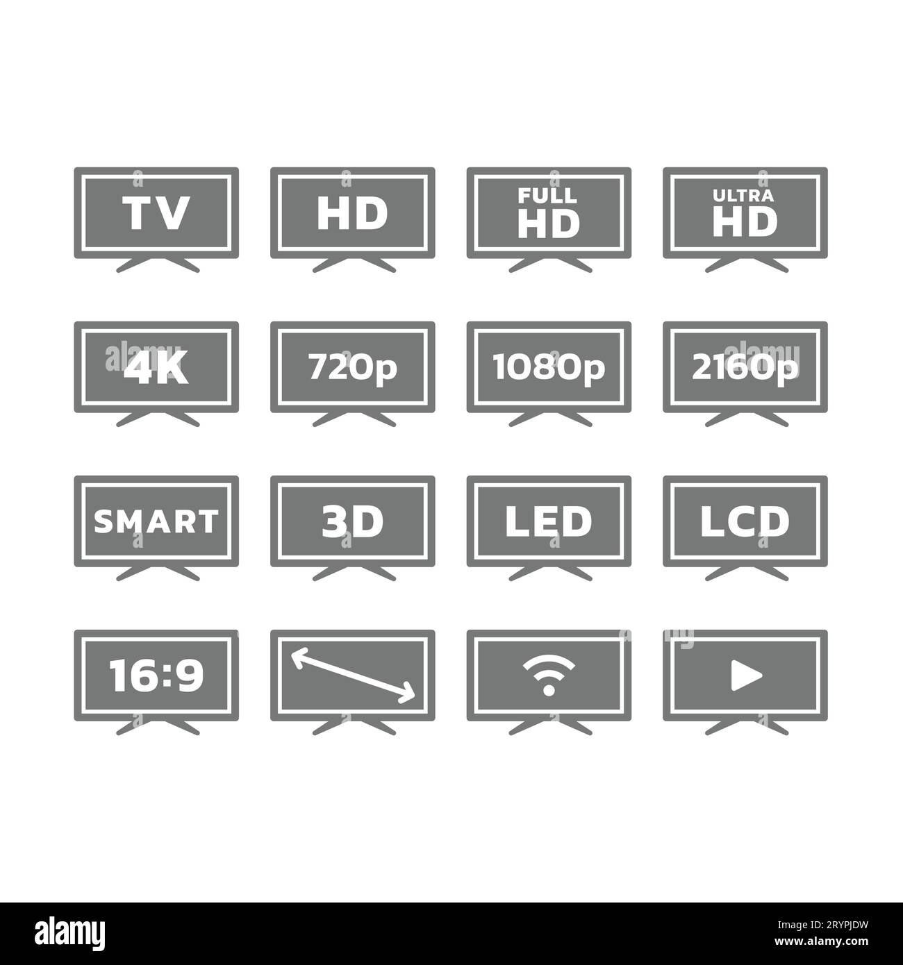 Tv set, screen resolutions and smart television icons. Full HD, Led display, ratio and video vector icon set. Stock Vector