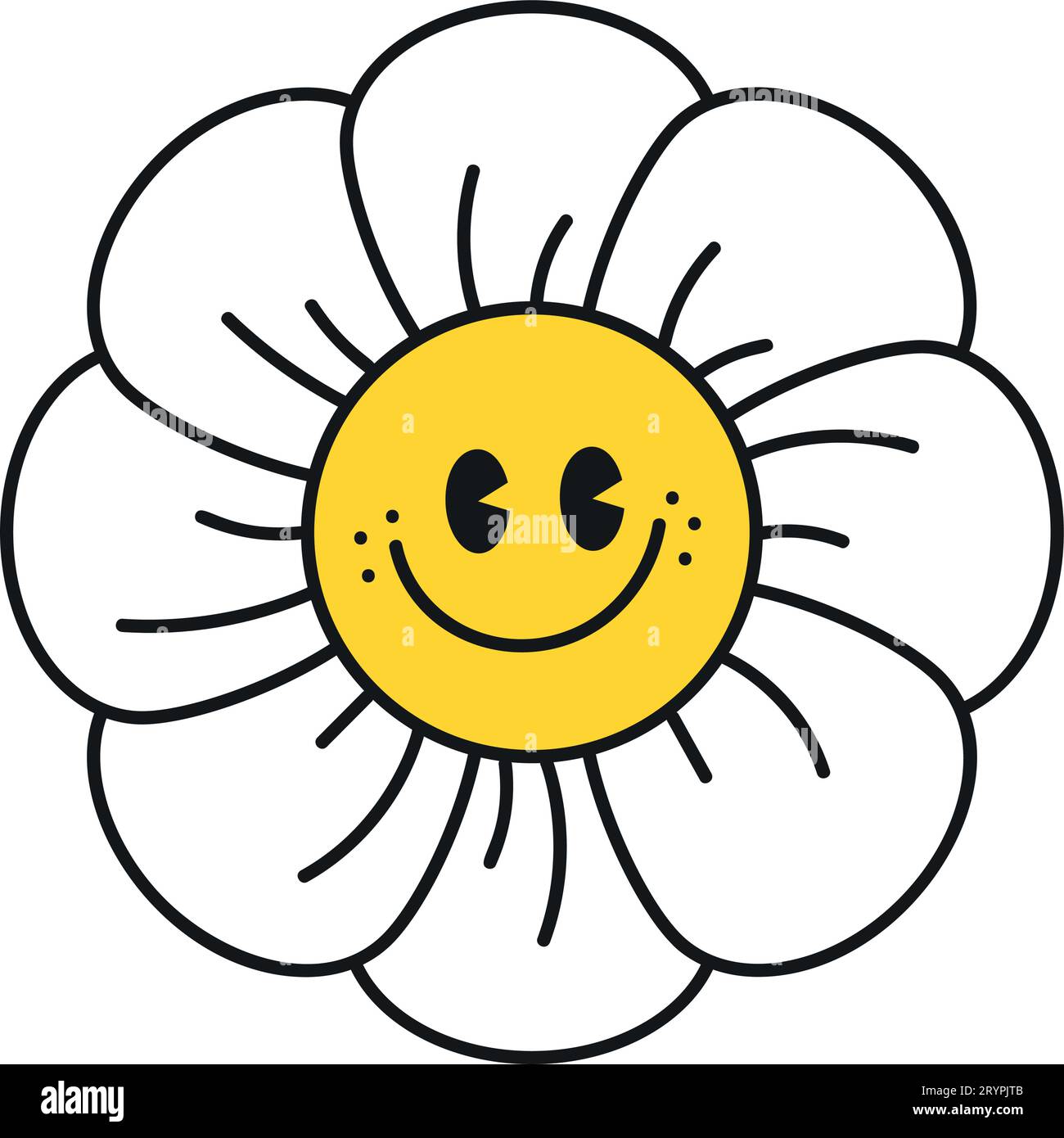 Groovy daisy flowers face collection. Retro chamomile smiles in cartoon