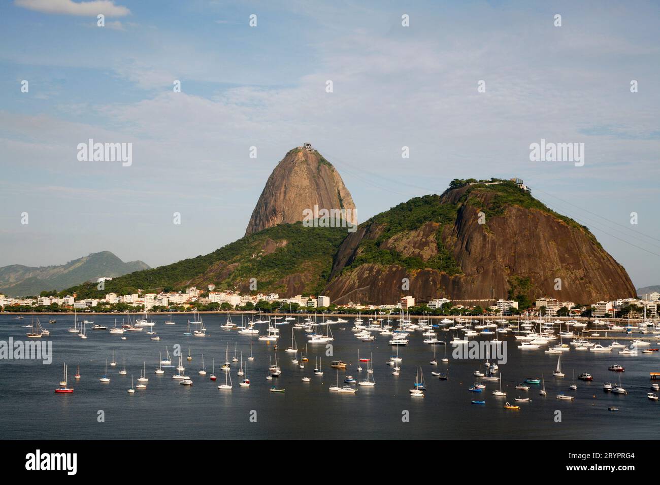 View of the Pao Acucar or Sugar loaf mountain and the bay of Botafogo, Rio de Janeiro, Brazil. Stock Photo