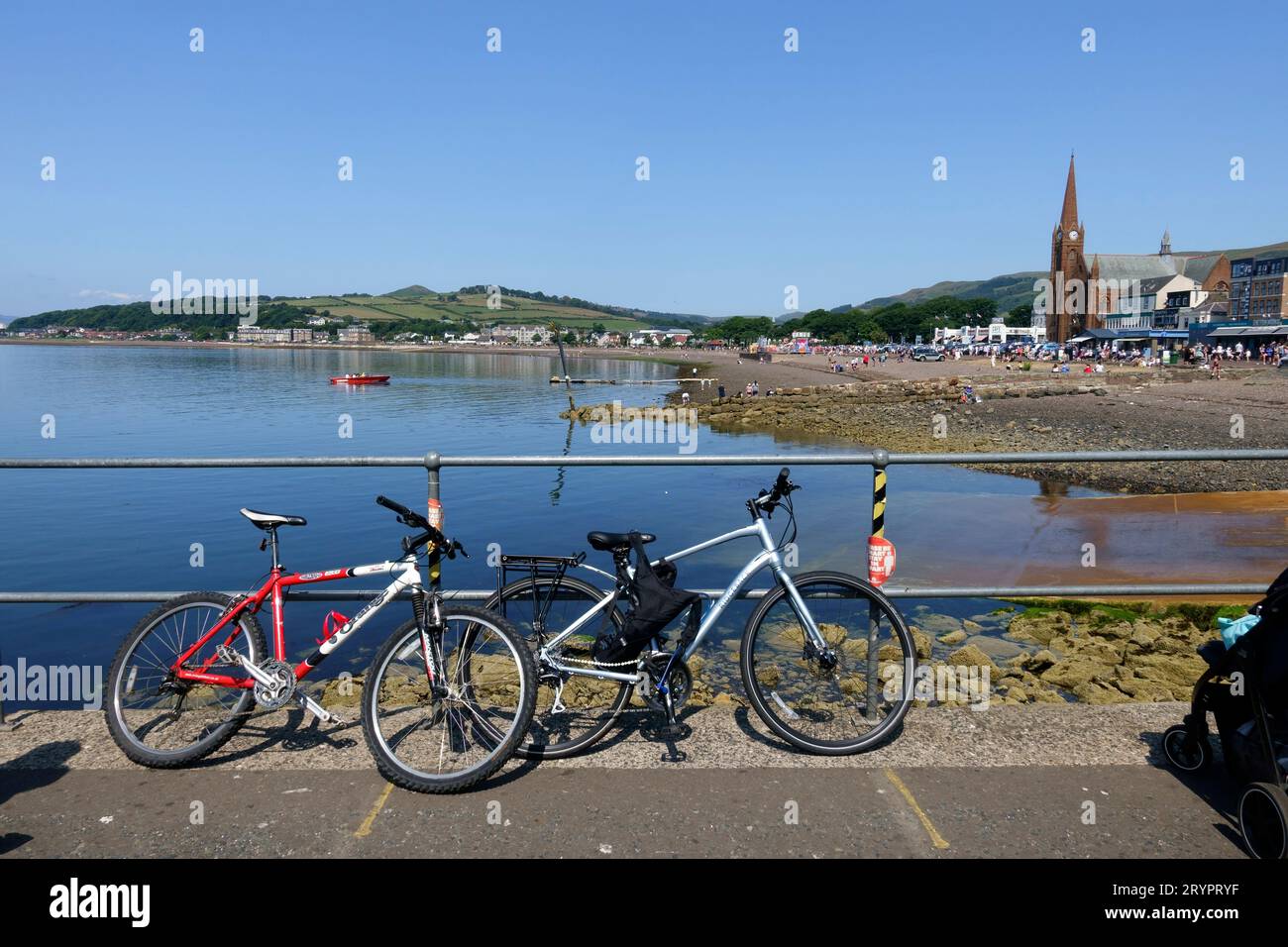 Bicycles in Largs, Ayrshire, part of the queue waiting for the next ferry from Largs to Cumbrae. It is a popular Scottish island for cycling round. Stock Photo