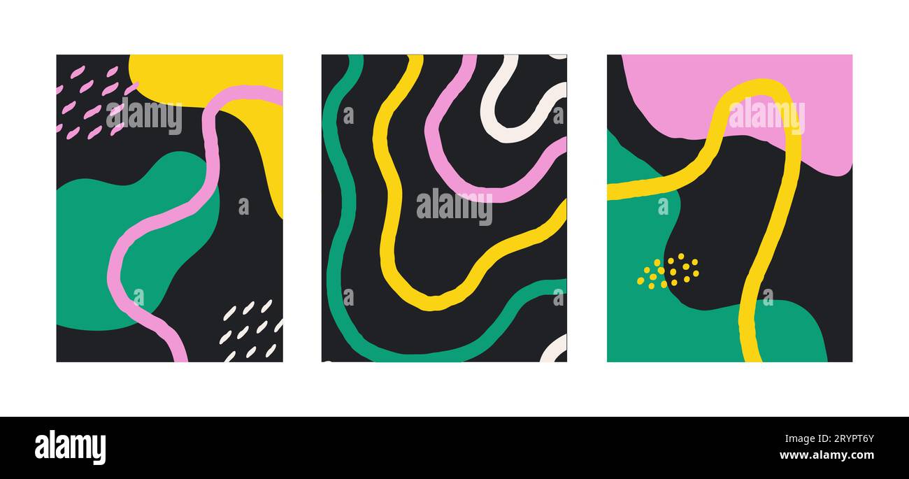 Naive groovy vector Boho doodle set. Brutal contemporary figure star oval wave patterns. Swiss design aesthetic. Geometric black posters in trendy ret Stock Vector