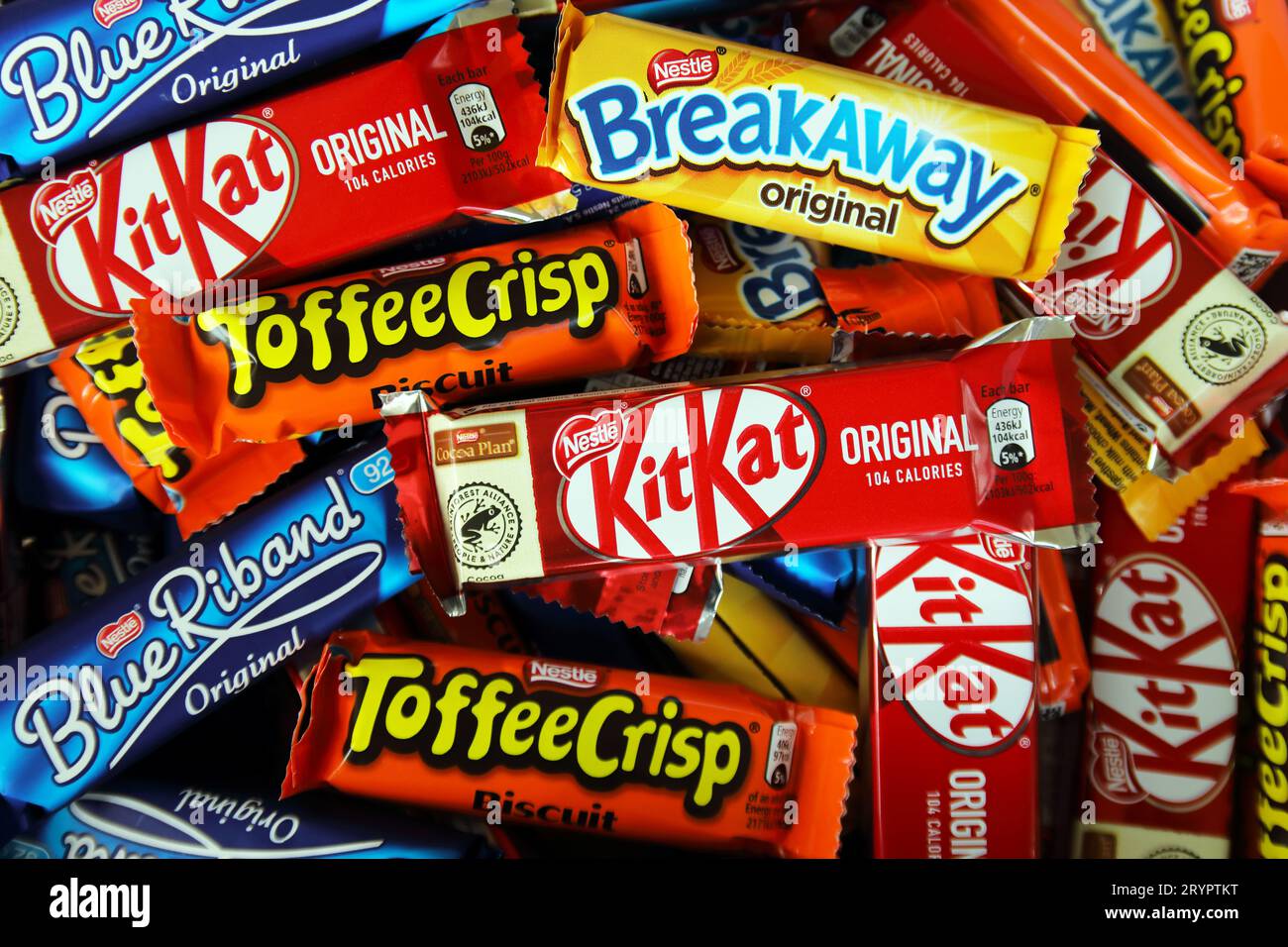 Nestle bars including KitKat, Toffee Crisp, Blue Riband and Breakaway. Stock Photo