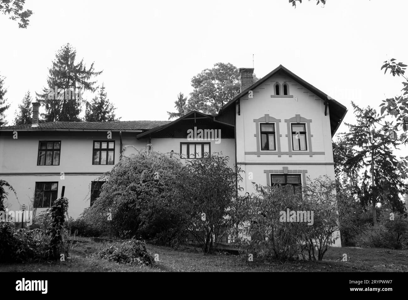Building exterior in the Alexandru Borza botanical garden in black and white Stock Photo