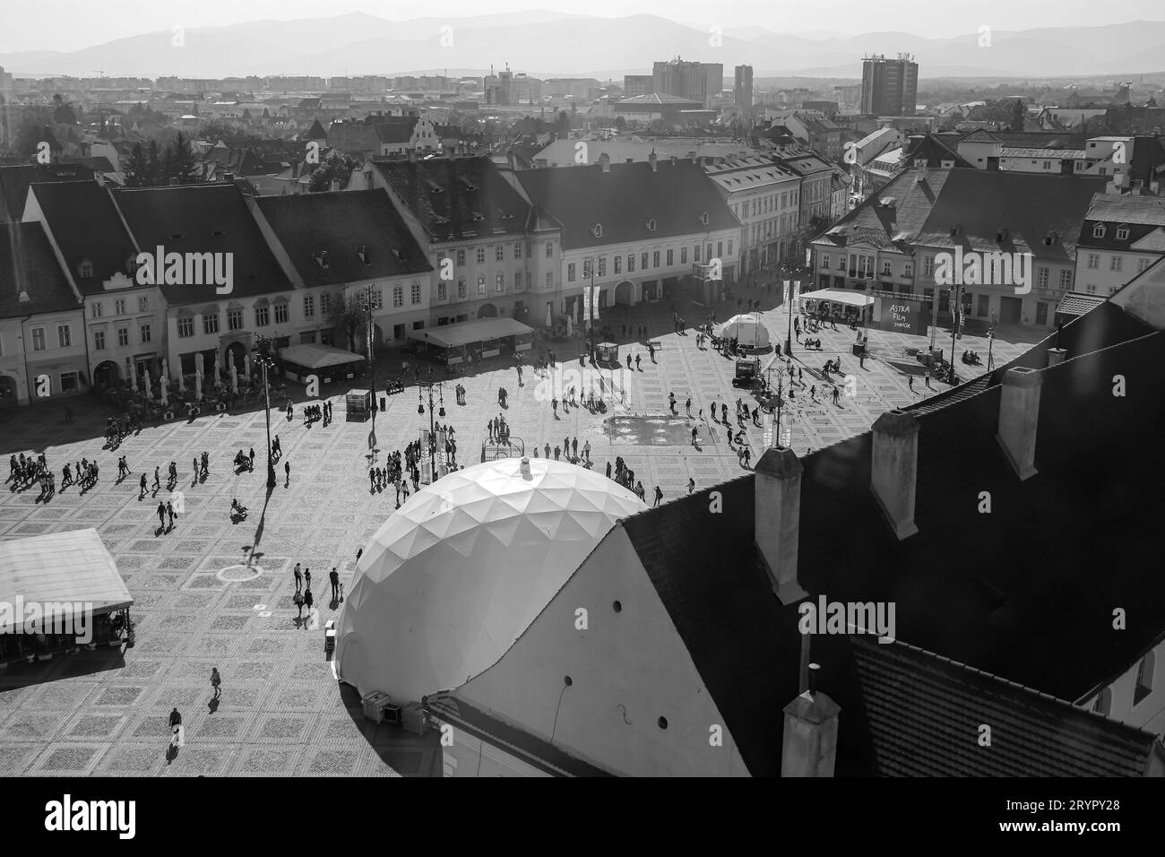 The Large Square (Piața Mare) during the Astra Film festival 2019 in black and white Stock Photo