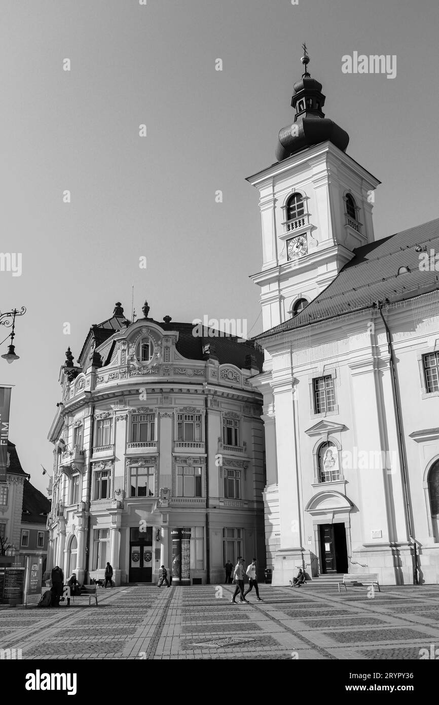 Sibiu City Hall (Primaria Sibiu) exterior in black and white Stock Photo