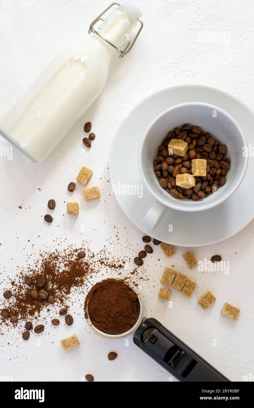 Ingredients for coffee: ground coffee in the horn of the coffee Stock Photo