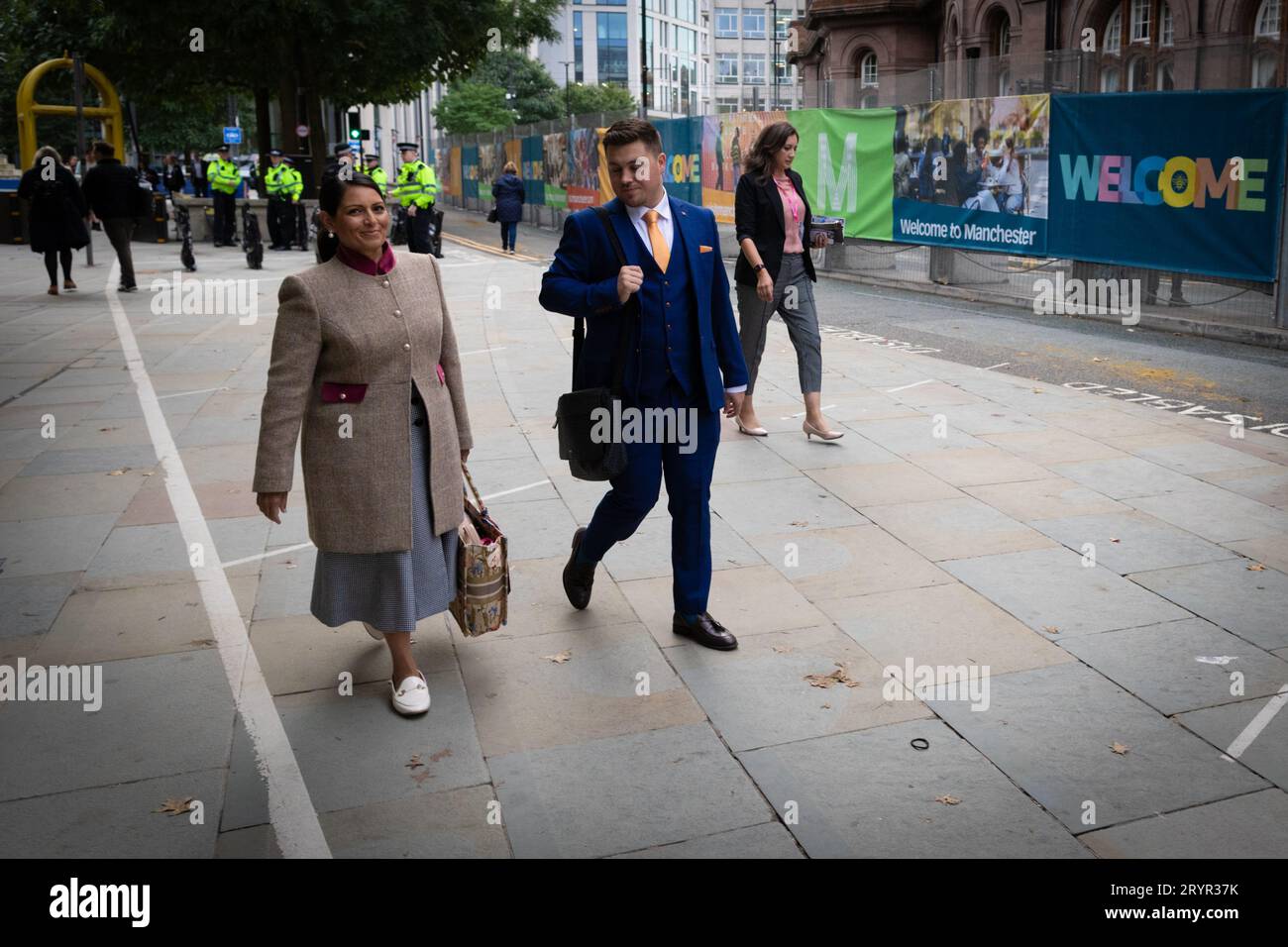 Manchester, UK. 02nd Oct, 2023. Priti Patel arrives for day two at the Conservative Party Conference. The public greets members of the Tory party during the CPC23. The autumn slogan is Long-Term Decisions for a Brighter Future. Credit: Andy Barton/Alamy Live News Stock Photo