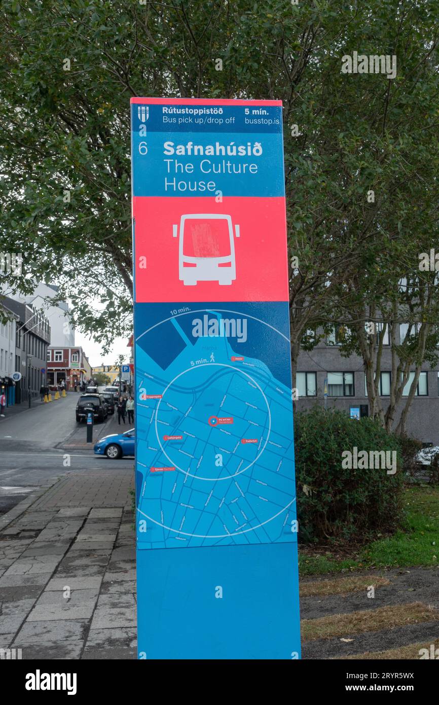 Tourist Bus Stop In Reykjavik Iceland At The Culture House, Self Guided Tour Of Reykjavik Stock Photo
