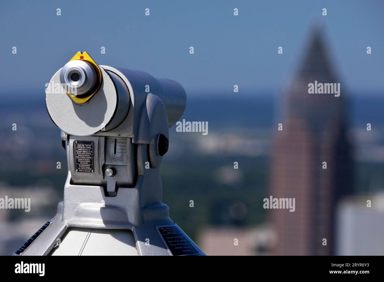 Coin operated telescope on the Maintower towards the Messeturm, Frankfurt am Main, Germany, Europe Stock Photo