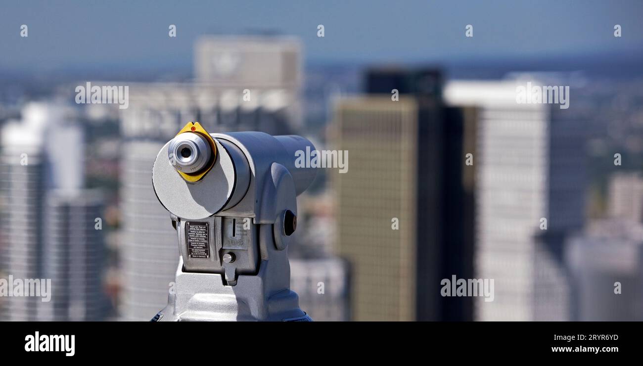 Coin operated telescope on the Maintower towards the financial district, Frankfurt am Main, Germany Stock Photo