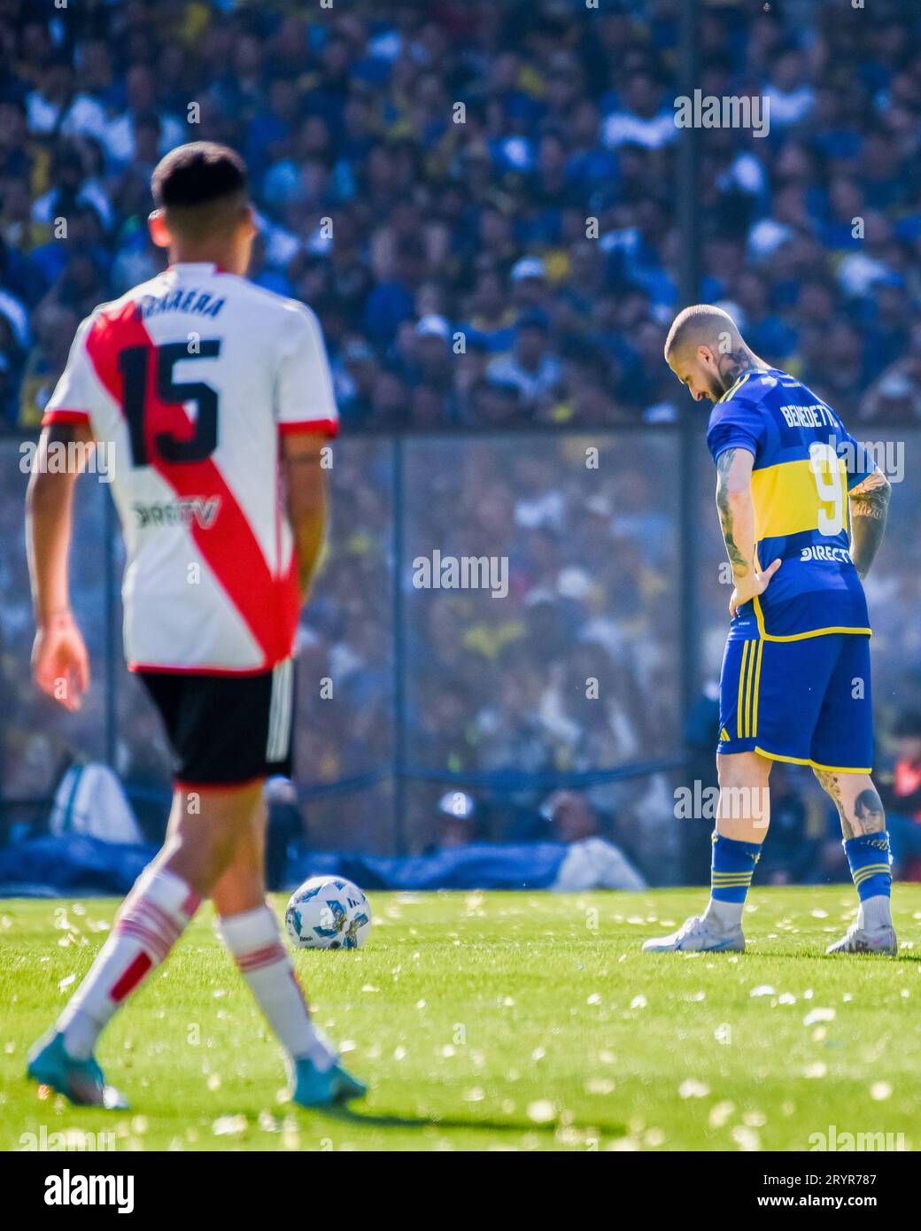 Buenos Aires, Argentina. 01st Oct, 2023. Dario Benedetto of CA Boca Juniors. Marcelo Herrera of CA River Plate. during the Liga Argentina match between CA Boca Juniors and River Plate played at La Bombonera Stadium on October 1, 2023 in Buenos Aires, Spain. (Photo by Santiago Joel Abdala/PRESSINPHOTO) Credit: PRESSINPHOTO SPORTS AGENCY/Alamy Live News Stock Photo