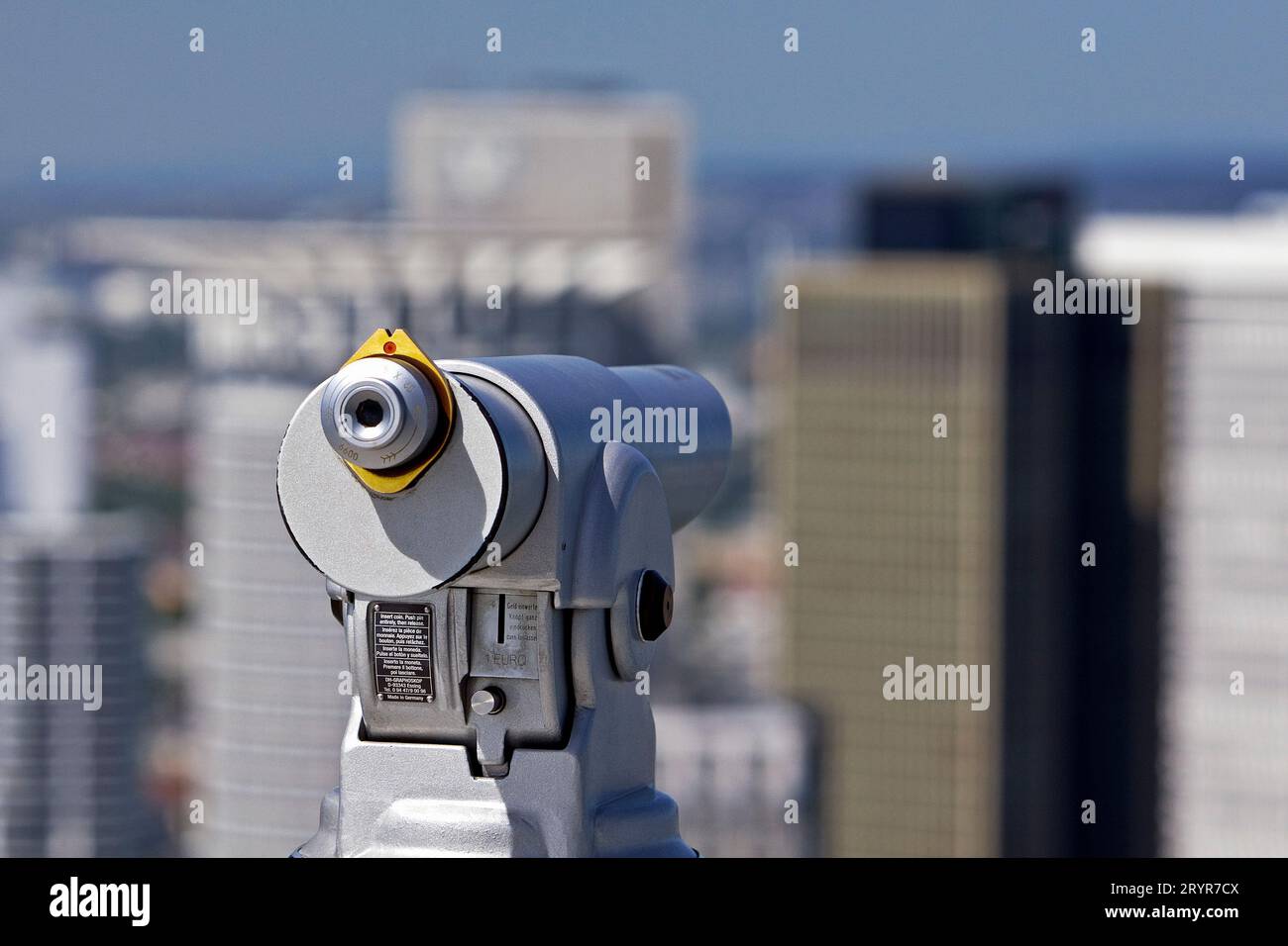 Coin operated telescope on the Maintower towards the financial district, Frankfurt am Main, Germany Stock Photo