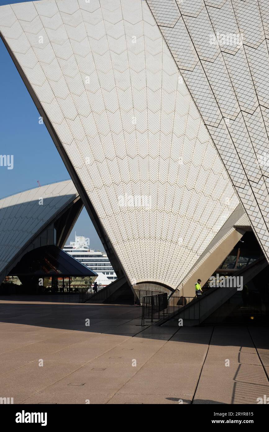 Side on view of Sydney Opera House Sails, Opera Theatre, Concert Hall & Bennelong Restaurant - Security, barrier fencing on the upper podium Stock Photo