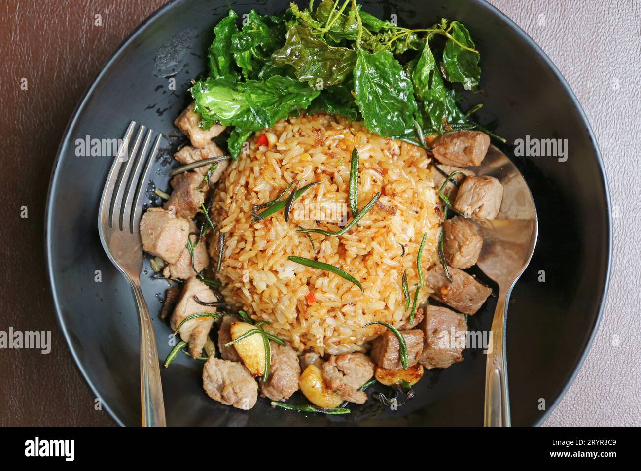 Delectable Garlic Fried Rice with Rosemary Grilled Beef and Deep Fried