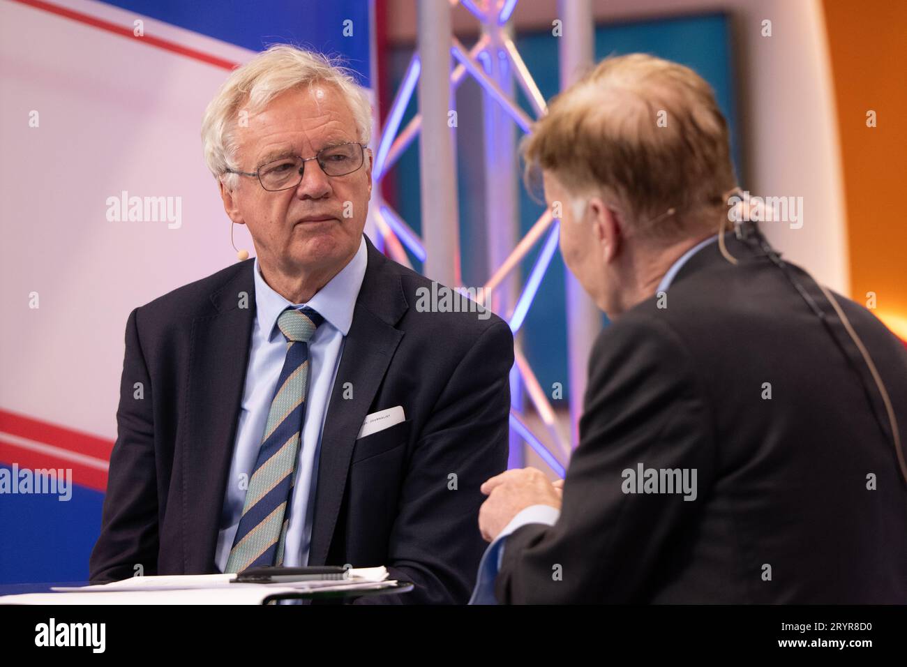 Manchester, UK. 02nd Oct, 2023. 02nd Oct, 2023. David Davis talks to Andrew Pierce on the GB news stand at the 2nd day Conservative conference 2023 Manchester UK Picture: garyroberts/worldwidefeatures.com Credit: GaryRobertsphotography/Alamy Live News Stock Photo