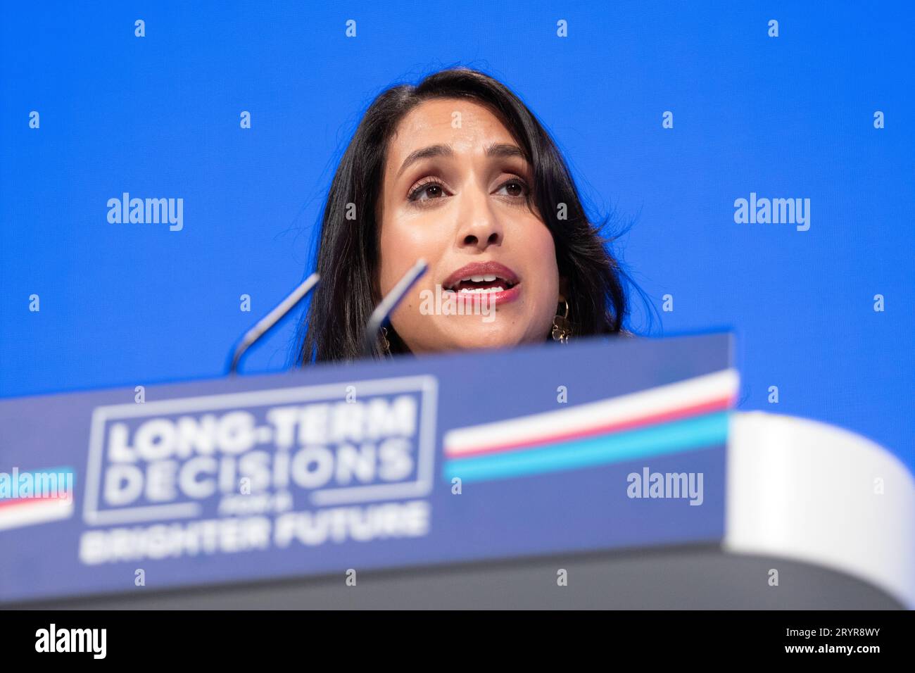 Manchester, UK. 02nd Oct, 2023. 02nd Oct, 2023. Claire Coutino Secretary of state for energy security and net zero  at the 2nd day of the Conservative conference 2023 Manchester UK Picture: garyroberts/worldwidefeatures.com Credit: GaryRobertsphotography/Alamy Live News Stock Photo