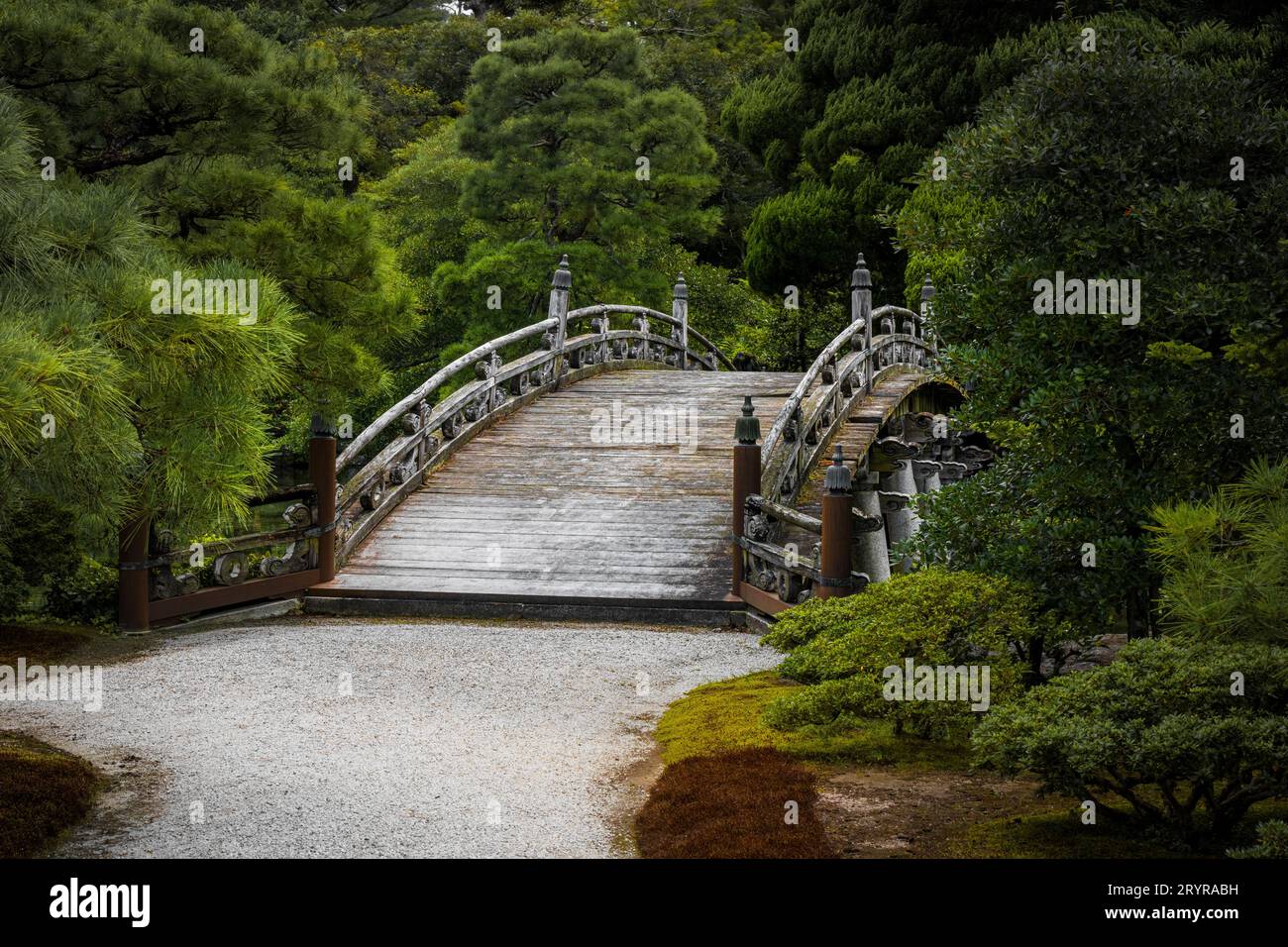 A wooden bridge spans a rocky landscape with tall trees in the background Stock Photo