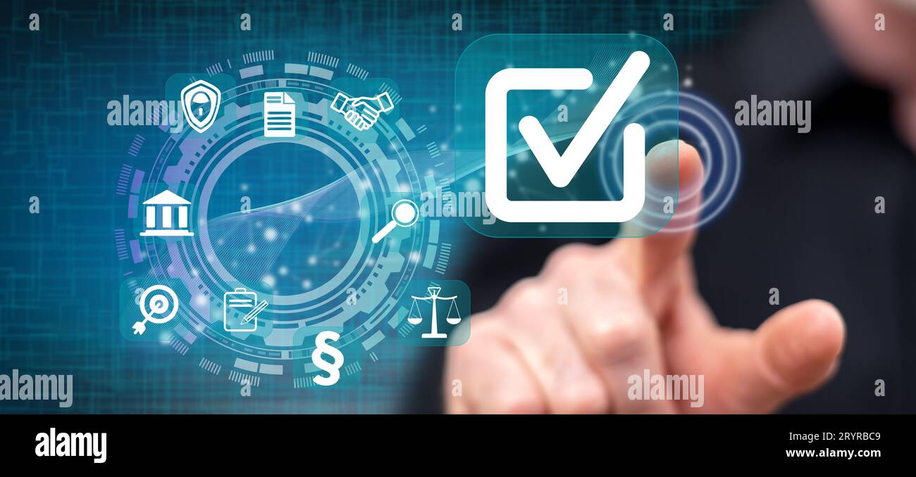 Man touching a validation concept on a touch screen with his finger Stock Photo