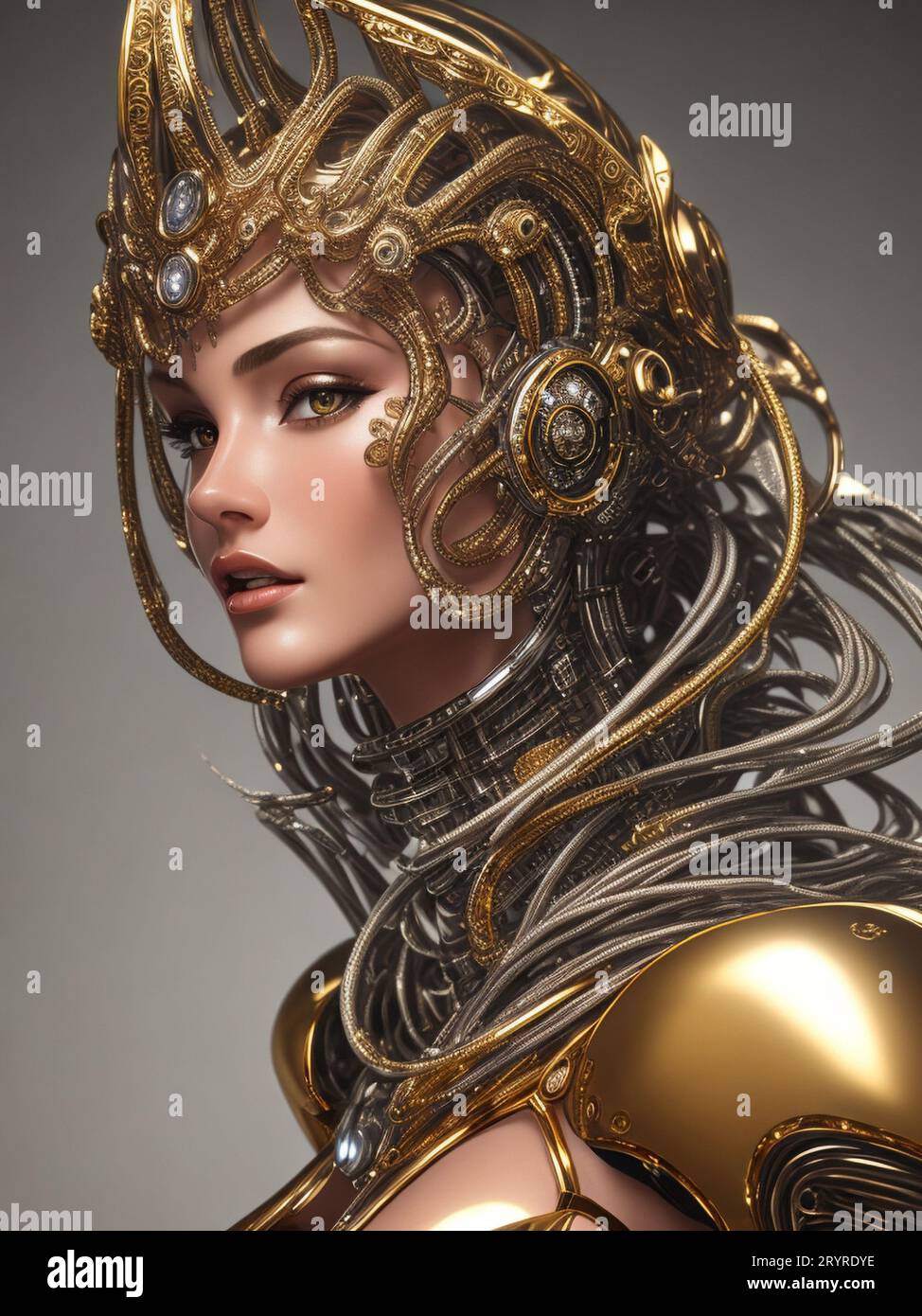 A beautiful woman with long, gold-streaked hair is wearing a stunning ...