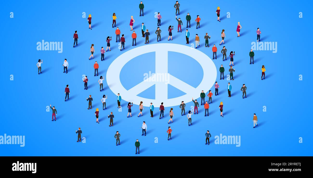 Large group of people stand around the peace symbol. Vector