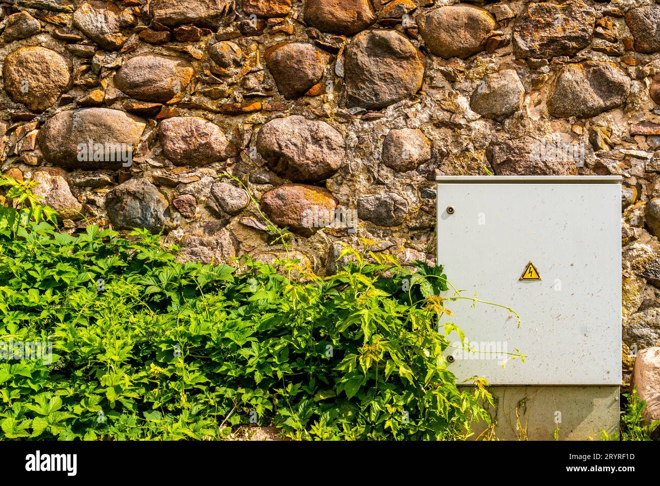 Electrical control cabinet against a rough stone wall Stock Photo