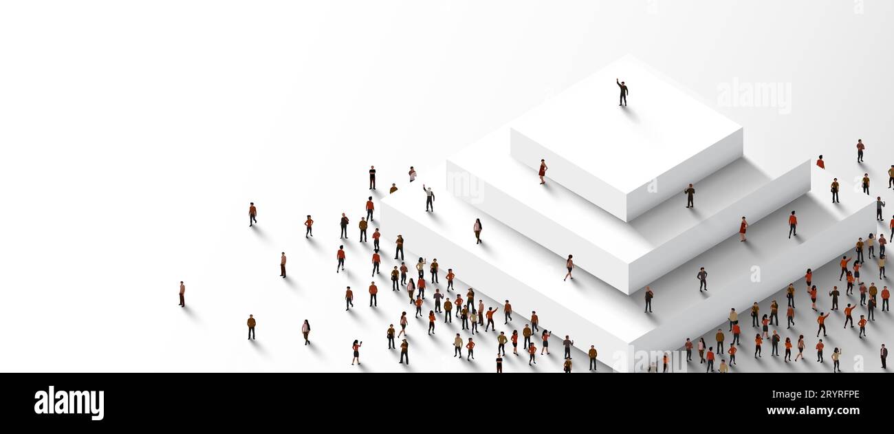 Large group of people stand around a step pyramid. Vector illustration