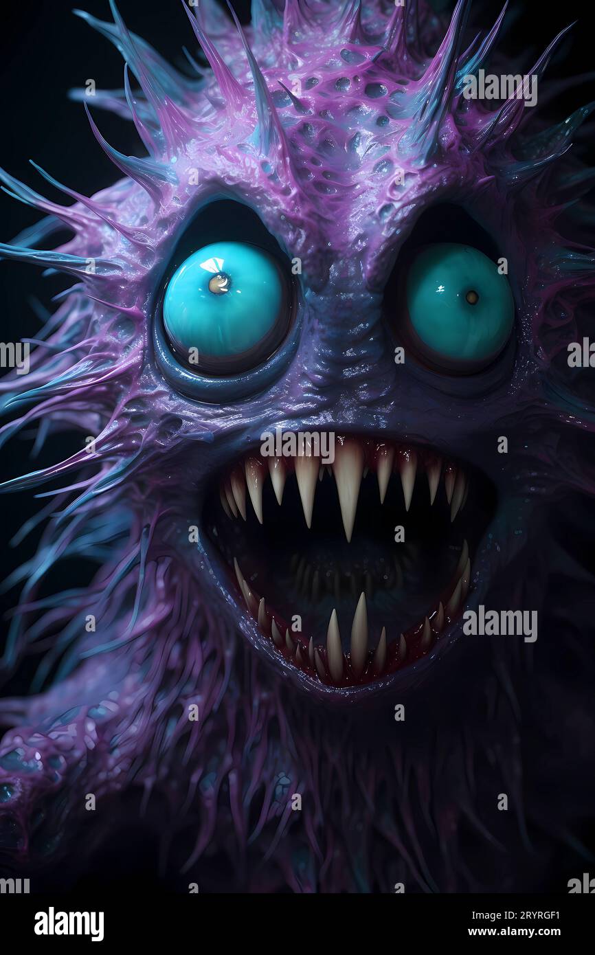A close-up image of an adorable, purple fuzzy creature with large, bright blue eyes, and sharp, white fangs, standing in a playful pose Stock Photo