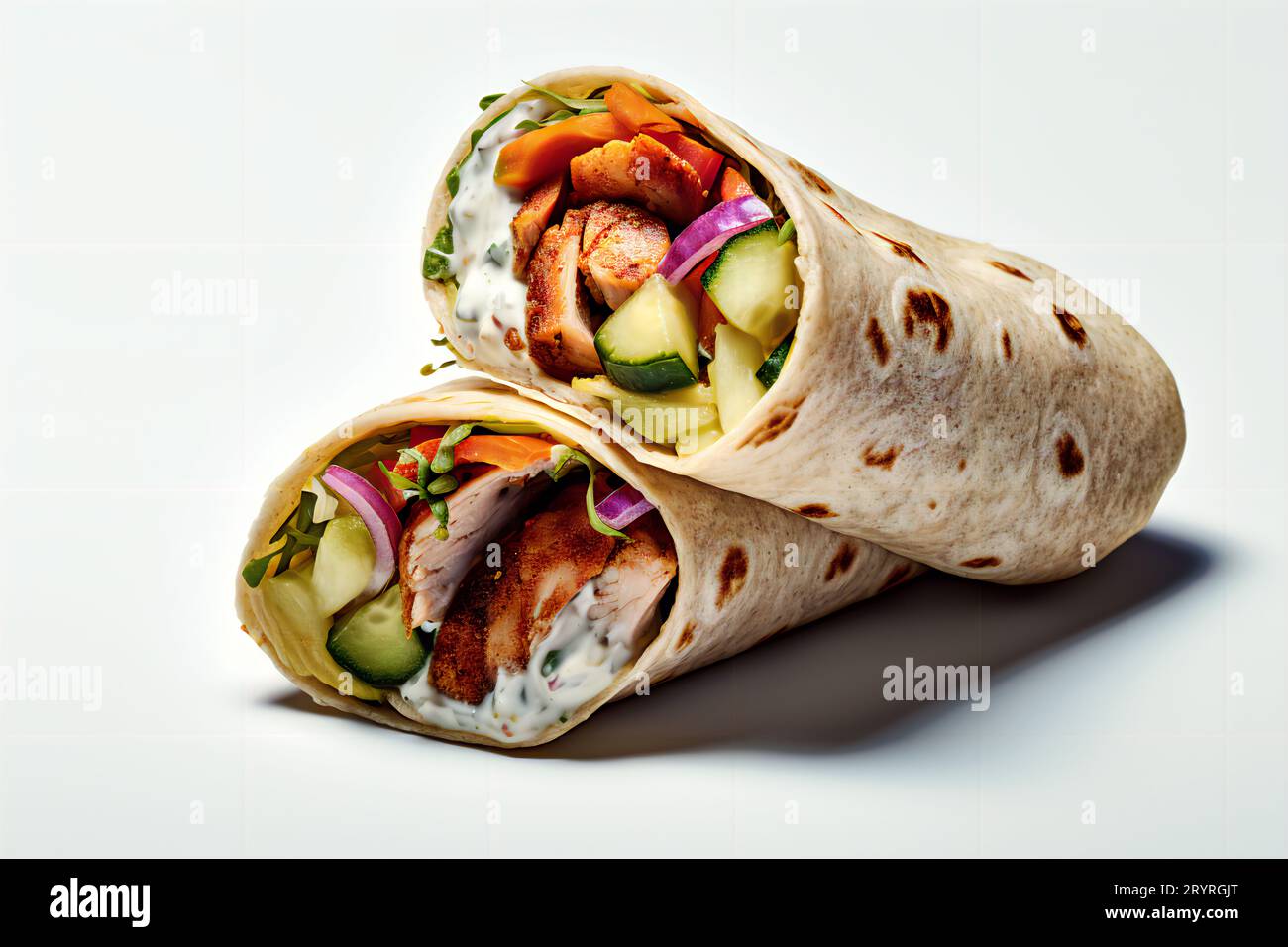 A burrito wrap filled with assorted vegetables and meats on a white plate, served with a side of sour cream and guacamole Stock Photo