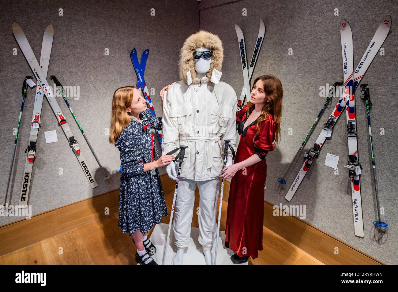 London, UK. 2nd Oct, 2023. A Bogner white ski suit purchased for Sir Roger Moore in A View to a Kill, 1985, est £15,000 - £25,000 - Sir Roger Moore: The Personal Collection at Bonhams New Bond Street, London. On 4 October, 180 lots will be auctioned, marking the 50th anniversary year of his first appearance as 007. Credit: Guy Bell/Alamy Live News Stock Photo