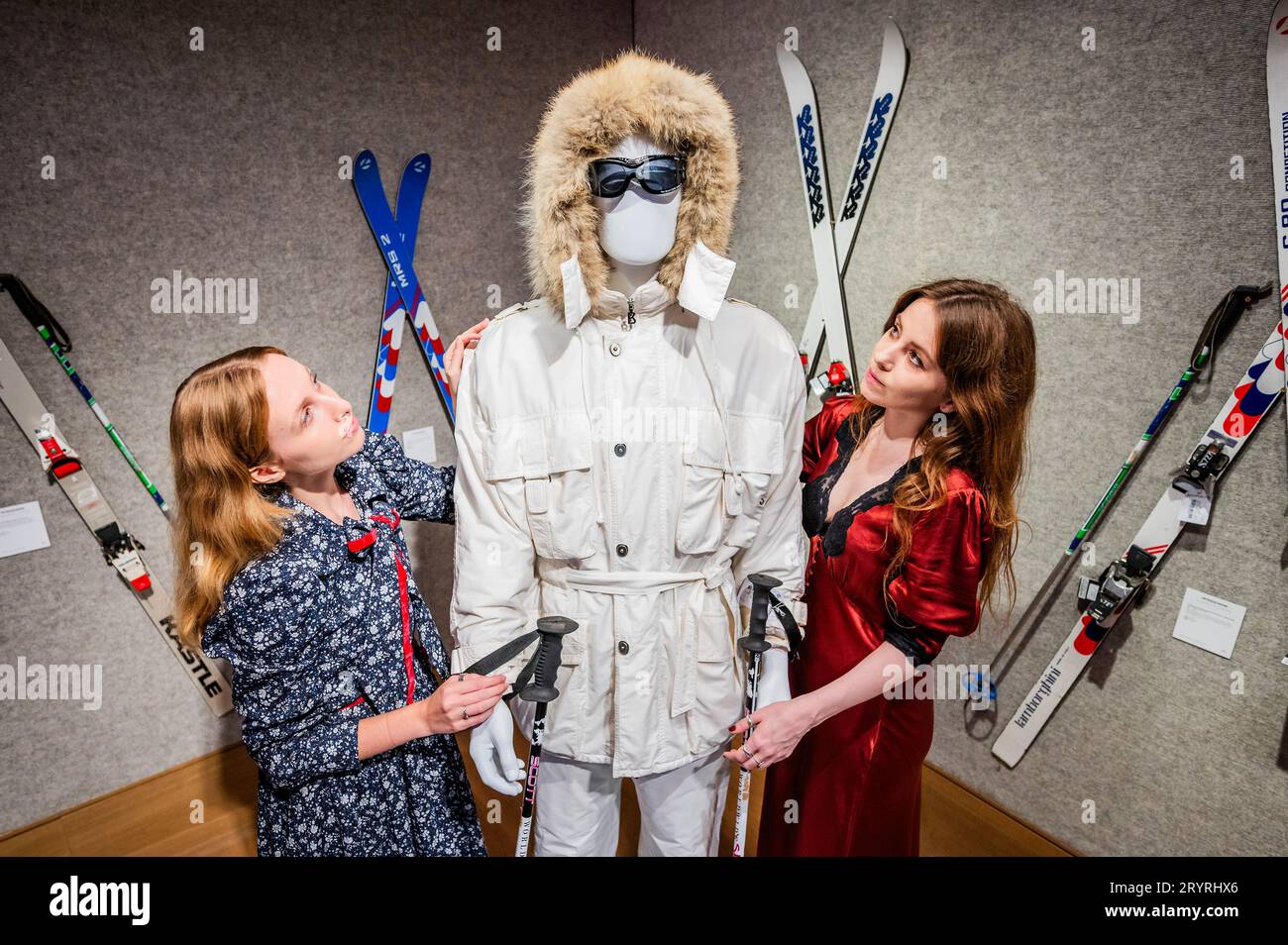 London, UK. 2nd Oct, 2023. A Bogner white ski suit purchased for Sir Roger Moore in A View to a Kill, 1985, est £15,000 - £25,000 - Sir Roger Moore: The Personal Collection at Bonhams New Bond Street, London. On 4 October, 180 lots will be auctioned, marking the 50th anniversary year of his first appearance as 007. Credit: Guy Bell/Alamy Live News Stock Photo