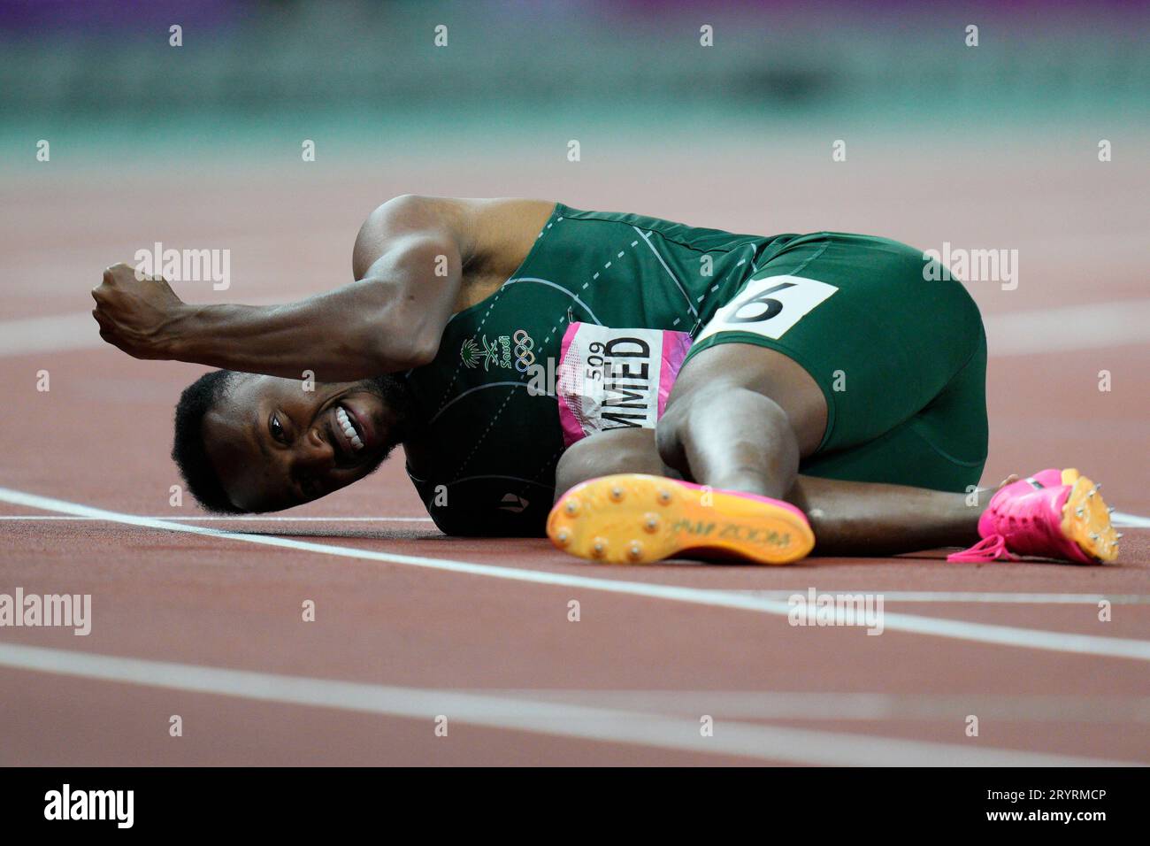 Saudi Arabia's Abdullah Abkar Mohammed celebrates his second place