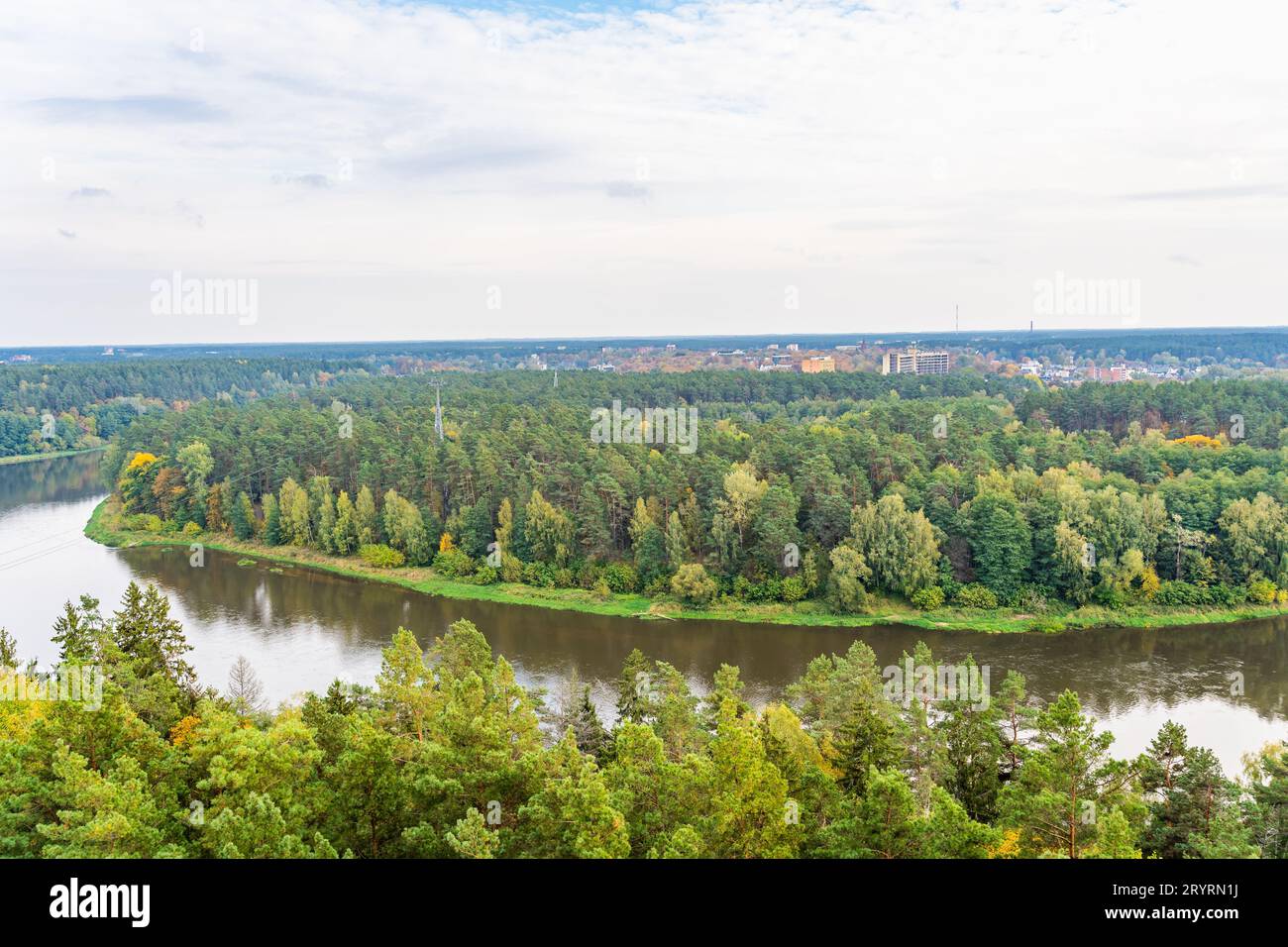Aerial Shot of Neman or Nemunas River Amidst Autumn Woods, Druskininkai, Lithuania Stock Photo