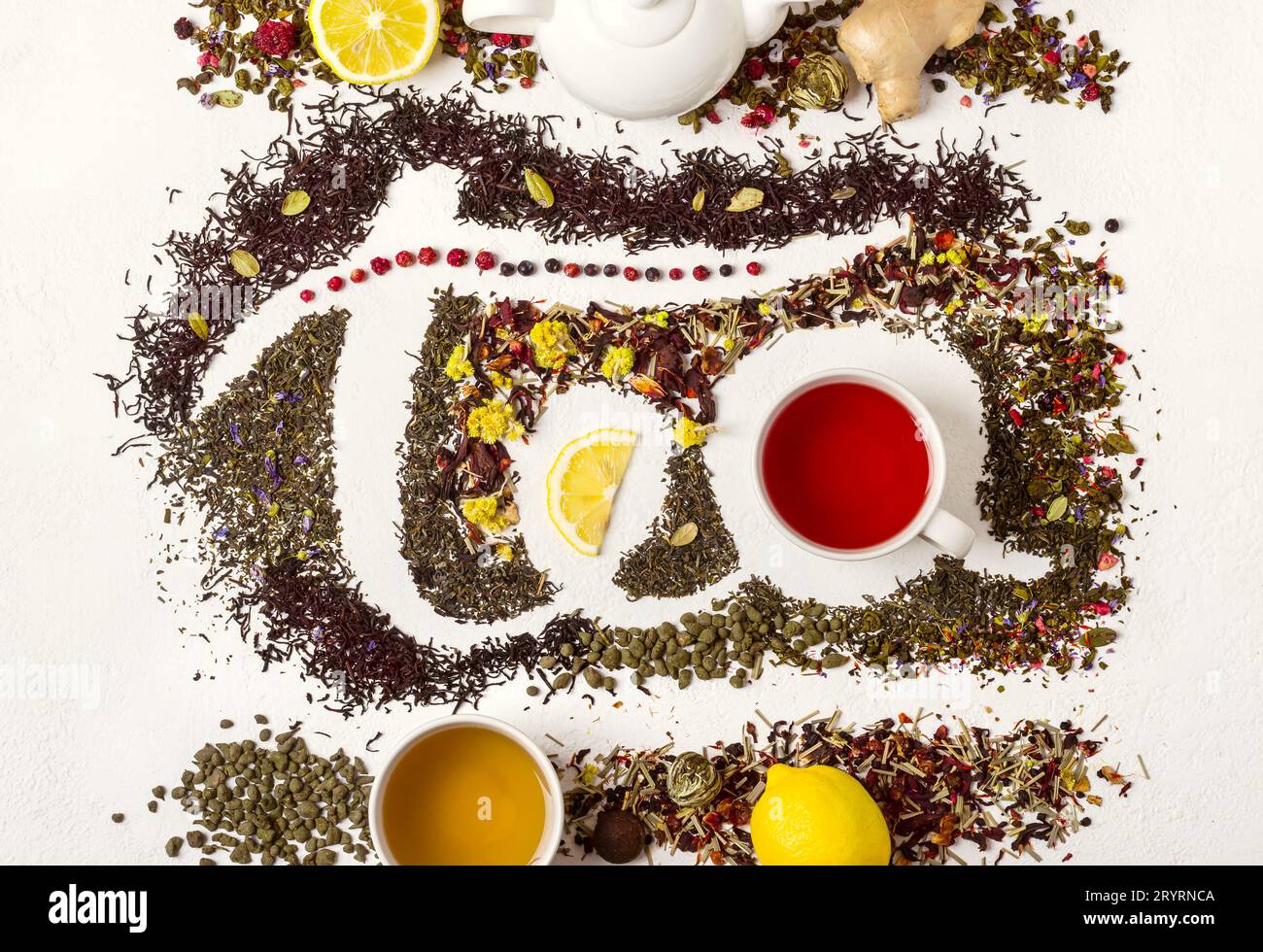 The word tea made from different variety of tea. Tea concept Stock