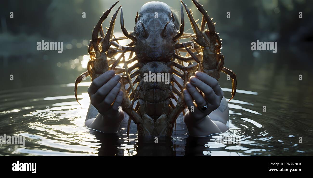 A person is standing in a body of water, holding a large, fantastical creature's head above the surface Stock Photo